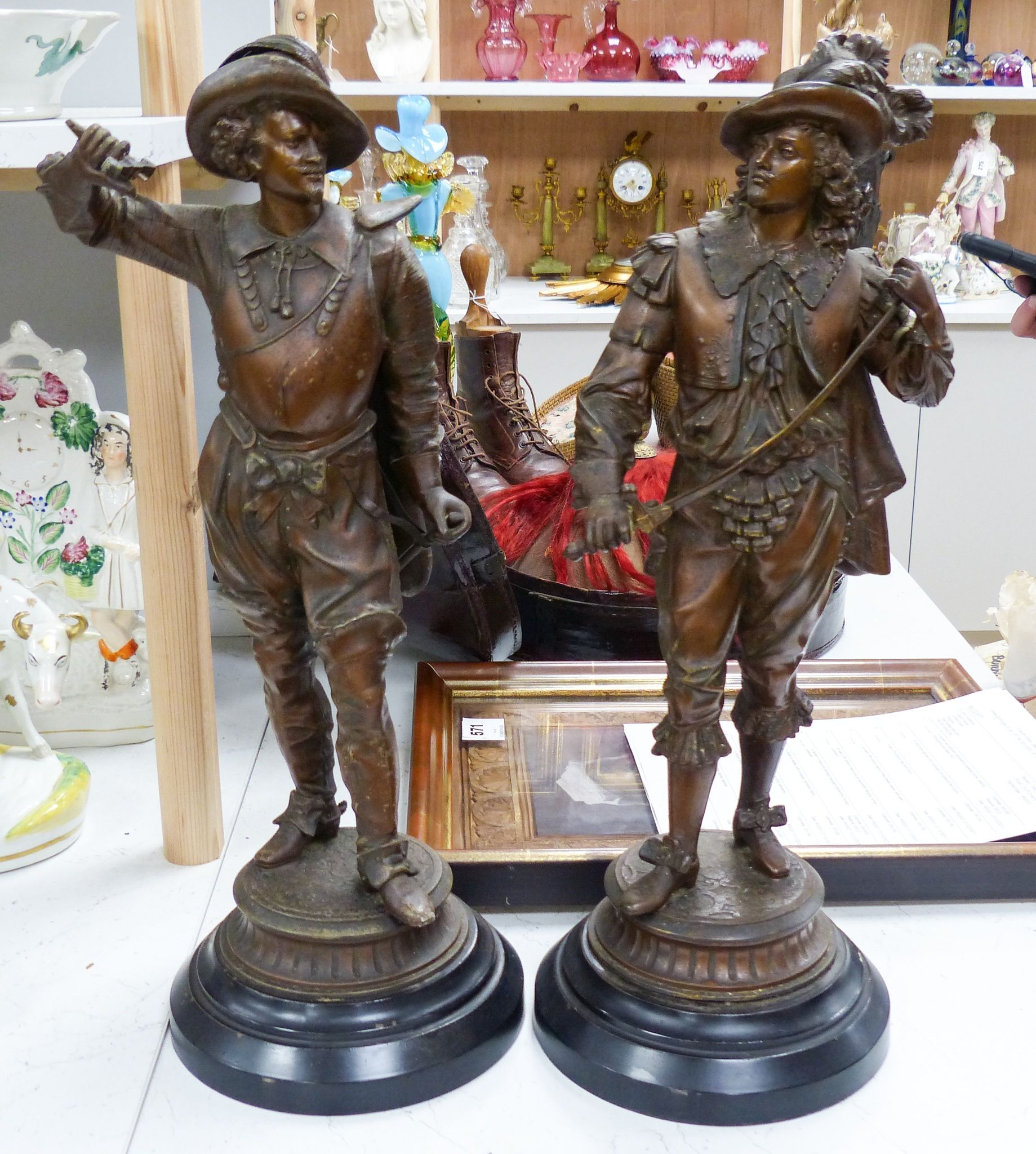 A pair of large bronzed spelter of cavaliers, 52 cm 53cm